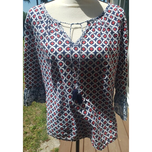 Tommy Bahama Geo Floral Tunic Blouse Cotton Split Neck Medium Tie Tassels Blue - Picture 1 of 16